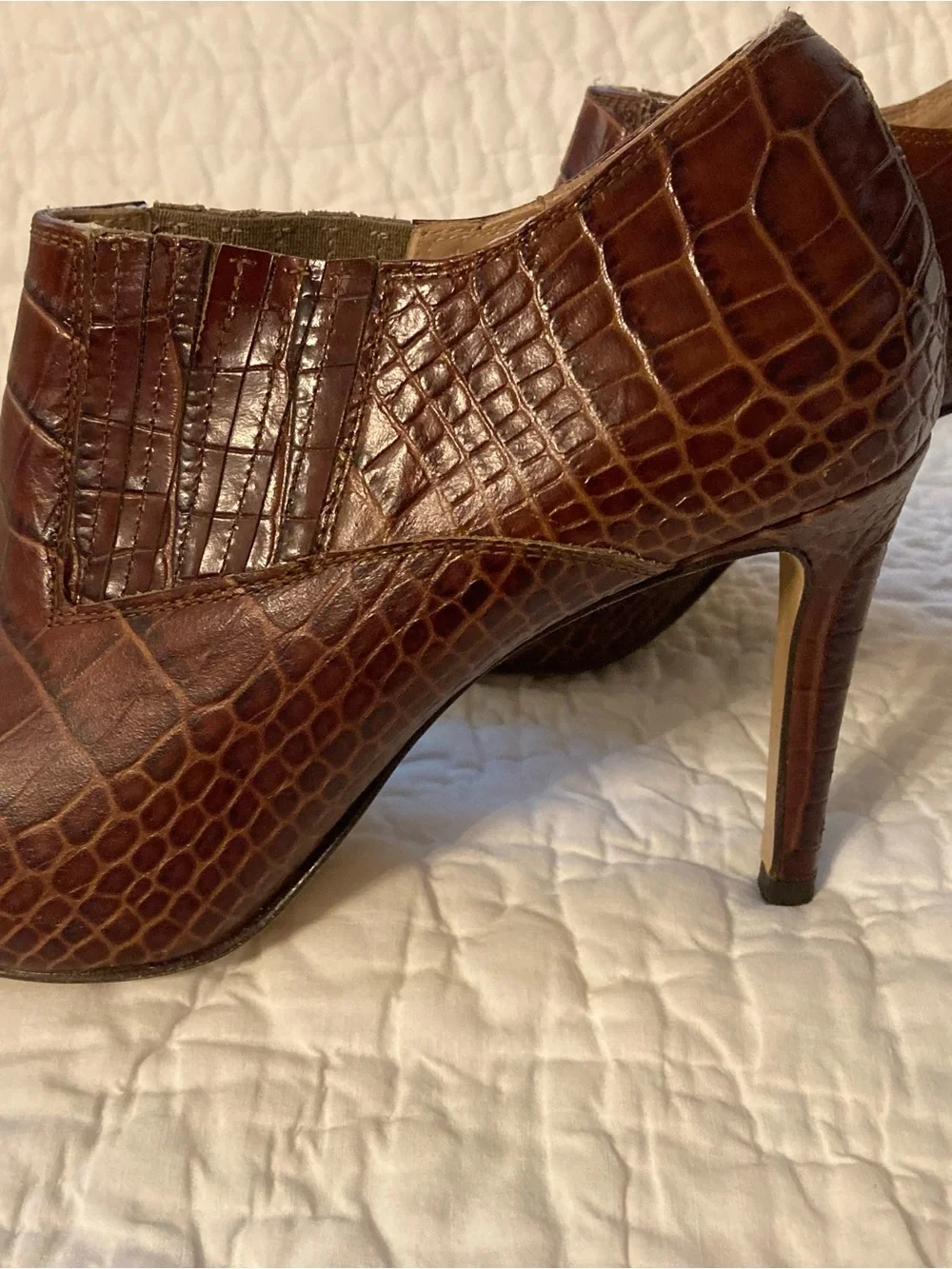 Croc-Effect Brown Stiletto Booties